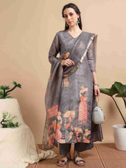 Grey Tissue Shimmer Digital Printed Hand work A-line Kurti, Pant and Printed dupatta Set